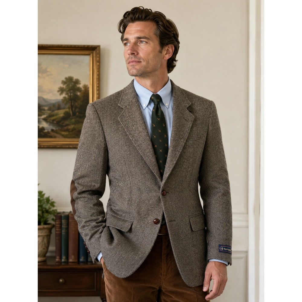Barrington Mens Brown Herringbone Wool Blazer Sport Coat Elbow Patches 40 Reg
